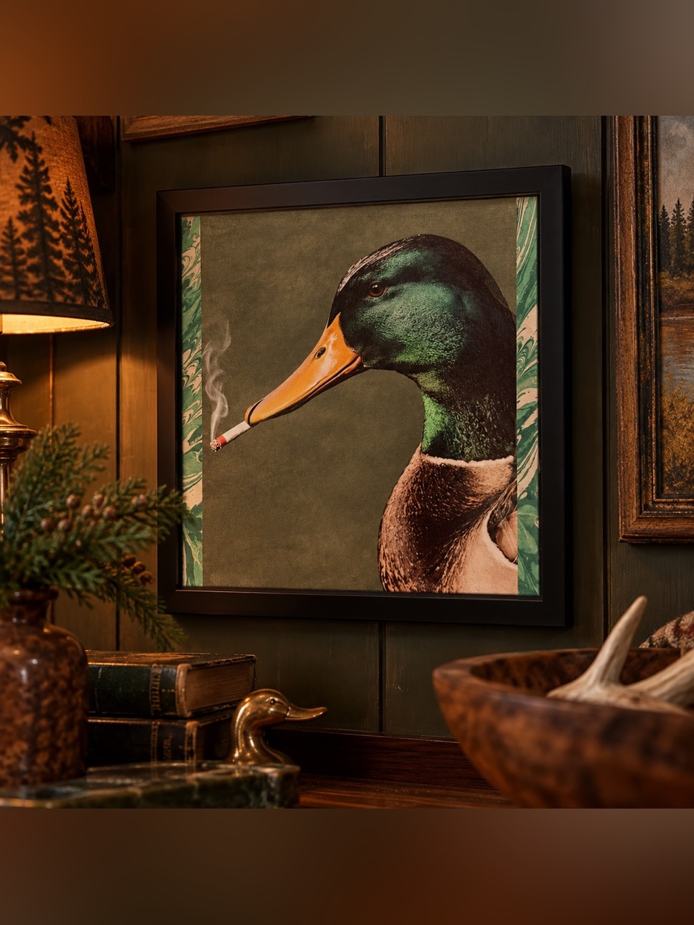 Mallard Duck Smoking a Cigarette Green Canvas Art Print Black Framed Hunting Art